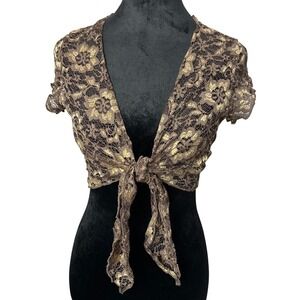 Vintage Brown Gold Lace Cropped Bolero Shrug Tie Front Y2K Whimsygoth Size L